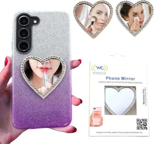 Miniatura 8 de Wireless City Espejo de teléfono con forma de corazón, espejo de maquillaje con diamantes de oro rosa con circonita cúbica, 2.2 in, ideal