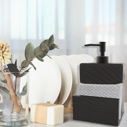 Miniatura 3 de Dispensador de jabón de cerámica con soporte de esponja para fregadero de cocina, contenedor de jabón líquido 2 en 1 con embudo para encimera, baño