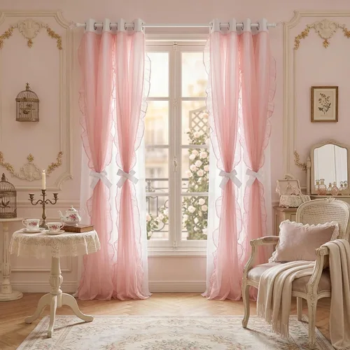 Miniatura 45 de PONY DANCE Cortinas con Volantes de Doble Capa con Superposición Transparente, Decoración Elegante para Ventanas de Diseño Rústico Francés de Campo
