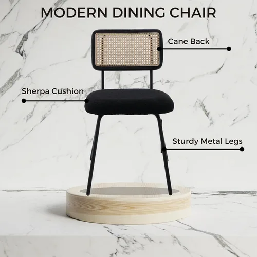 Miniatura 4 de Juego de 2 sillas de comedor de ratán, sillas de comedor de caña tapizadas de sherpa negro con respaldo de ratán, sillas de comedor tejidas