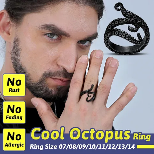Miniatura 2 de FaithHeart Anillo de tentáculo de pulpo, unisex, de pez diablo, anillos punk, para hombres y mujeres, acero inoxidable, chapado en oro de 18