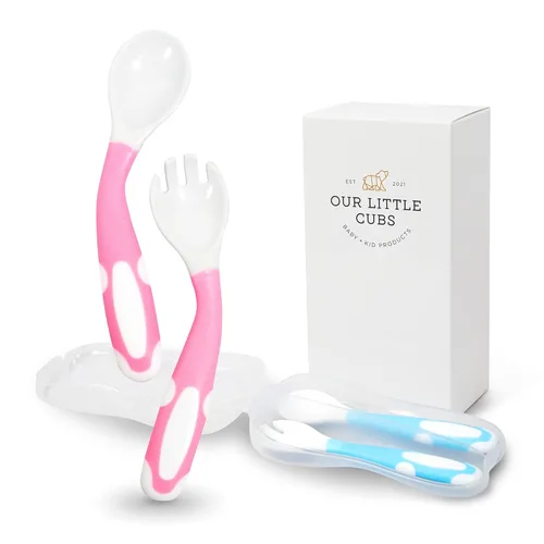 Tenedores y cucharas flexibles para bebés y niños pequeños, juego de cubiertos para niños, 2 juegos azul/rosa, apto para encías, 2 cucharas y 2