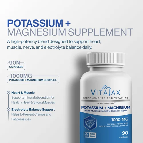 Miniatura 2 de Suplemento de potasio y magnesio de 1000 mg 180 cápsulas Suplemento de magnesio y potasio para el corazón, calambres en las piernas, equilibrio