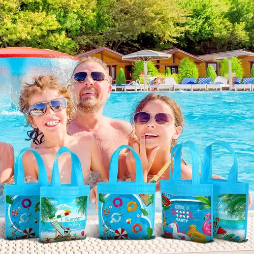Miniatura 3 de Sweetude 36 bolsas de recuerdo de fiesta en la piscina, 4 diseños de bolsas de regalo de verano con asas, regalo de playa no tejidas para piscina
