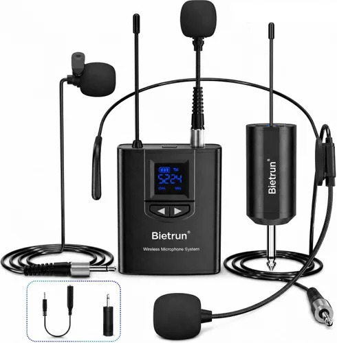 Bietrun - Sistema de micrófono inalámbrico UHF Lavalier de solapa/micrófono para auriculares/micrófono de soporte, rango de 50.3 metros, transmisor