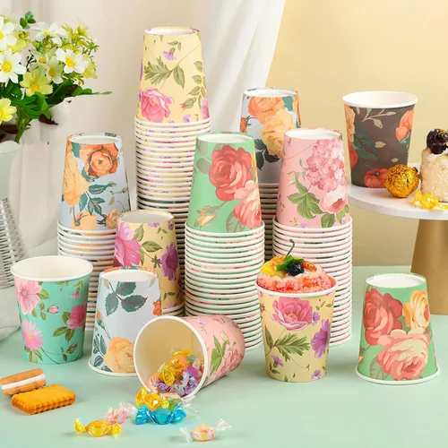 Miniatura 8 de Patelai Paquete de 150 vasos de papel de Navidad de 9 onzas, tazas de café desechables de arcoíris pastel con diseño de Papá Noel, muñeco de nieve