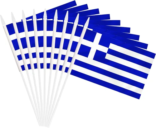 Paquete de 25 mini banderas de Grecia, bandera griega pequeña en miniatura con poste blanco sólido de 12 pulgadas, bandera de 5 x 8 pulgadas,