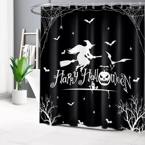 Miniatura 3 de HVEST Cortina de ducha de Halloween y alfombras de baño, escoba de bruja, murciélago, telaraña y árbol muerto sobre tapete de baño, cortina de ducha