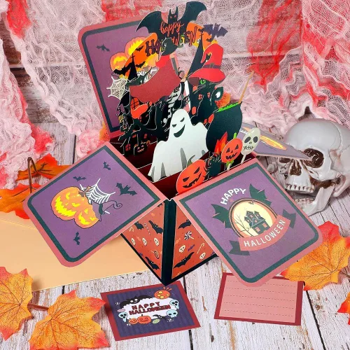 Miniatura 6 de Tarjeta de caja desplegable de Halloween, 3D de casa encantada, fantasma, calabaza, tarjetas para fiesta de Halloween con sobres, etiqueta de notas