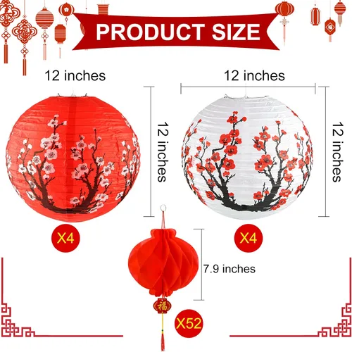 Miniatura 2 de Mototo Kit de 60 faroles de papel chinos japoneses, 12 pulgadas, flor de cerezo japonés, farol de papel chino japonés con flor de cerezo rojo