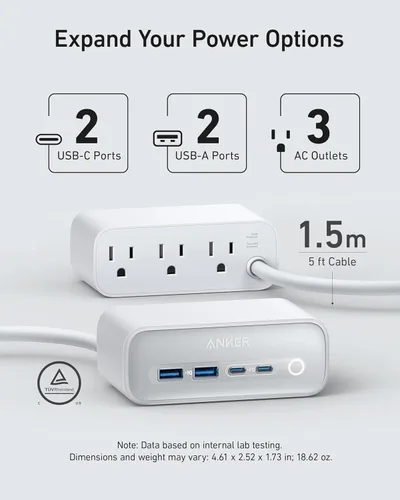 Miniatura 2 de Anker Estación de carga 525, tira de alimentación USB C de 7 en 1 para iPhone 13/14, cable de extensión de 5 pies con 3 AC, 2 USB A, 2 USB C, Blanco