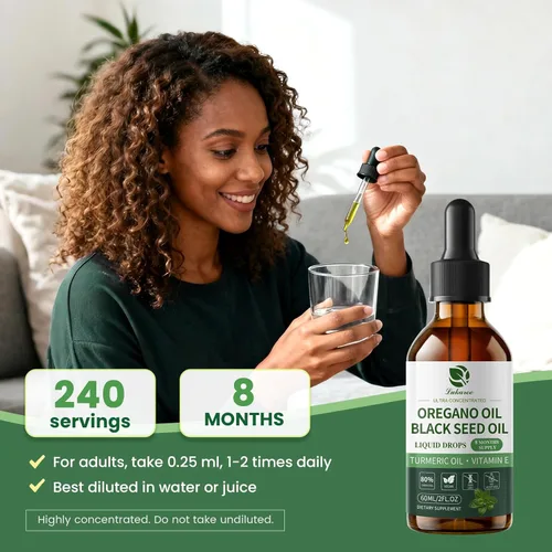 Miniatura 8 de Aceite de orégano con aceite de semilla negra, gotas de aceite de orégano 4 en 1 con aceite de cúrcuma y vitamina E, 80% Carvacrol, inmune