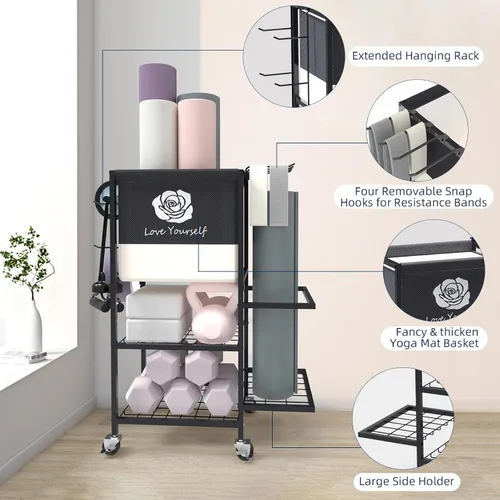 Miniatura 2 de Estante de Almacenamiento para Esterilla de Yoga, Estante de Almacenamiento para Gimnasio en Casa, Organizador de Almacenamiento de Equipo de Negro