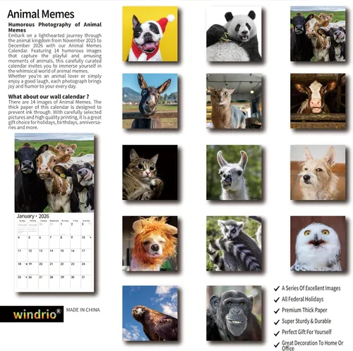 Miniatura 2 de Calendario de pared 2026, Calendario divertido 2026, noviembre de 2025 - diciembre de 2026, calendario de pared con memes divertidos de animales, 12