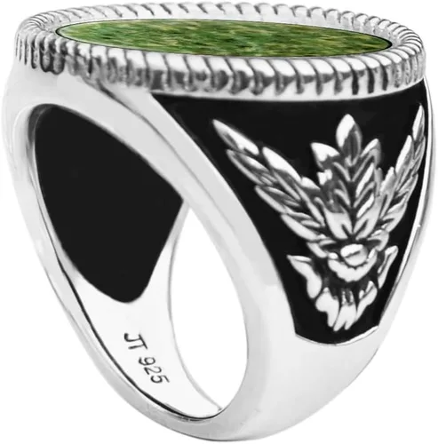 Miniatura 2 de Gorgeous Wyoming Green Jade Cabochon 925 Sterling Silver Signet Ring New - Bank Note Olive Leaf Design - Wyoming's Official State Gemstone