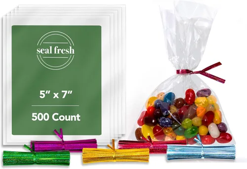 Seal Fresh Bolsas de celofán con lazos holográficos láser de 4 pulgadas (5 colores) – 5 x 7 pulgadas (500 unidades) – Bolsas de celofán