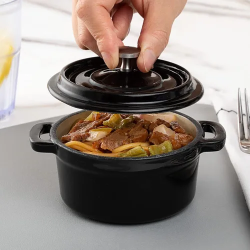 Miniatura 5 de Restaurantware Mini cacerola de 8 onzas, 1 mini horno holandés con tapa, esmaltado redondo de hierro fundido negro, mini cocotte resistente
