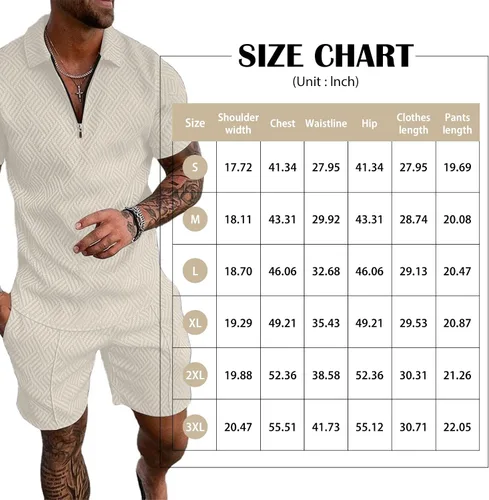 Miniatura 6 de Aulemen Conjunto deportivo de 2 piezas con cremallera para hombre, manga corta, camiseta polo y pantalones cortos, conjuntos de verano para hombre