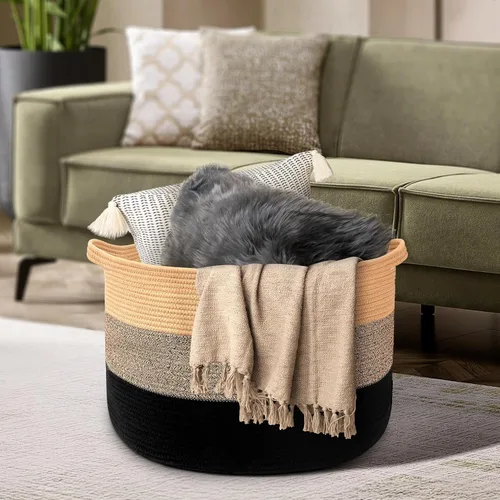 Miniatura 8 de Maliton Cesta grande tejida para manta, 22 x 22 x 14 pulgadas, cesta de almacenamiento para organizar, cesta redonda de cuerda de algodón