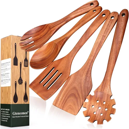 Juego de 5 cucharas de madera para cocinar, espátulas de madera de teca, espátulas ranuradas para utensilios de cocina antiadherentes, cuchara para