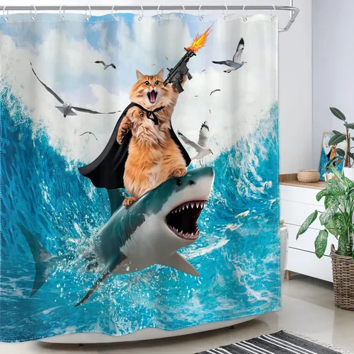Miniatura 2 de Divertida cortina de ducha con diseño de gato de surf, tiburón, divertida, náutico, océano, océano, mar, ondas, animales, novedad, 72 pulgadas