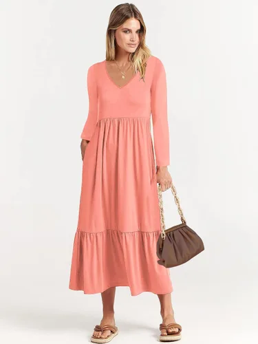 Miniatura 4 de Paintcolors Vestido largo casual de manga larga con cuello en V para mujer, vestido escalonado, color sólido, holgado, con vuelo, vestido midi