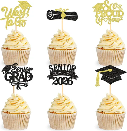 Ercadio 36 piezas 2026 adornos para cupcakes con purpurina negra y dorada para graduación senior So Proud Of You Senior Class of 2026 Way to Go para