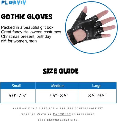 Miniatura 6 de FLORVIV Guantes negros sin dedos de piel sintética gótica gótica cosplay disfraz punk Halloween actuación para mujeres