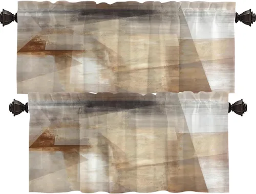 Miniatura 60 de Shrahala Beige and Orange Abstract Art Brushstrokes Blackout Curtain Tiers, Abstract Oil Paint Kitchen Valance Light Blocking Tier Drapes with Rod