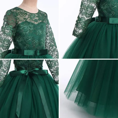 Miniatura 5 de Vestido largo de encaje para dama de honor con mangas 34, longitud hasta el suelo, boda, fiesta, noche, formal, pegeant maxi vestidos de tul