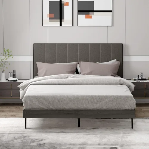 Miniatura 8 de Giantex Base de cama tapizada, soporte de listones de madera, base de colchón Queen con cabecera copetuda, cama de plataforma con patas de madera