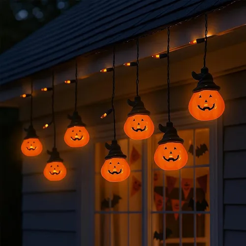 Miniatura 14 de Luces de calabaza de Halloween para exteriores, 10 luces LED de calabaza de 8.5 pies, impermeables, calabazas iluminadas para interiores y Linda