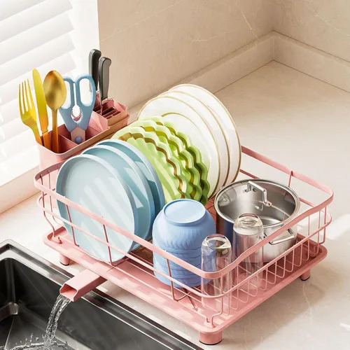 AIDERLY Escurridor de platos de hierro, escurridor de platos de drenaje automático, colador de encimera de cocina con bandeja de drenaje, rosa