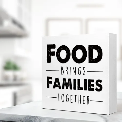 Miniatura 5 de LVQHI Letreros divertidos de caja de madera para cocina, letrero de bloque de madera con texto en inglés "Food Brings Families Together", decoración