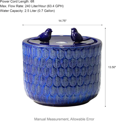 Miniatura 5 de Glitzhome Fuente de agua de cerámica para jardín de 14.75 pulgadas de alto con luces LED y bomba, dos pájaros en relieve con patrón de hojas