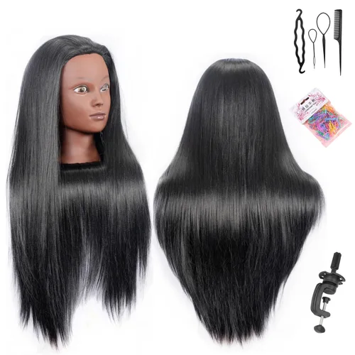 Miniatura 5 de Cabezal de entrenamiento de 26 a 28 pulgadas, cabeza de maniquí para peinado, cosmetología, cabeza de muñeca, fibra sintética, modelo de Púrpura