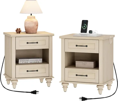 Miniatura 15 de WAMPAT Mesita de noche con estación de carga y 2 cajones, mesa auxiliar de granja para sala de estar, mesita de noche retro de madera clara