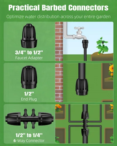 Miniatura 5 de Pawfly Sistema de riego por goteo para jardín, kit de riego por goteo de 240 pies con tubería de 1/2" y 1/4", emisores ajustables, conectores
