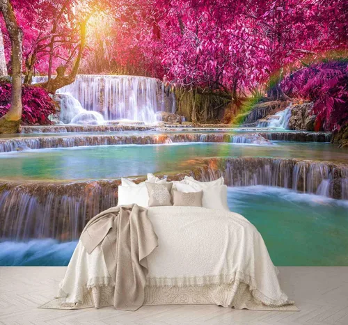Miniatura 13 de Reyhui - Papel tapiz con imagen de bosque, flores y camino en mural de pared para dormitorio, sala de estar, fondo de TV, sofá