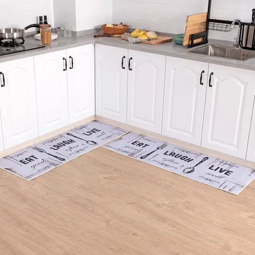 Miniatura 8 de Carvapet Juego de 2 alfombras de cocina con respaldo antideslizante, tapete para cocina, corredor de entrada, diseño de lema, negruzco/gris oscuro