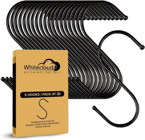 Paquete de 30 ganchos negros en S para colgar plantas, ganchos de metal para colgar, ganchos en S para colgar resistentes, ganchos de cocina