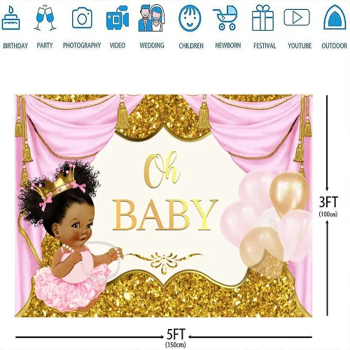 Miniatura 4 de Ticuenicoa Telón de fondo Oh Baby para niña, princesa real, fondo rosa y dorado para baby shower, fondo fresco de princesa baby shower, cartel