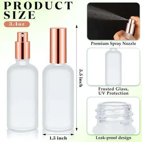 Miniatura 2 de Roshtia 30 unidades de 3.4 oz/100 ml, botellas de vidrio en color oro rosa, rellenables, para perfume, con atomizador, transparentes, botellas