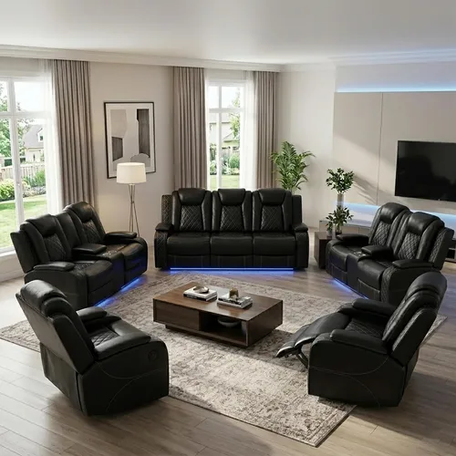 Miniatura 13 de Juego de sofá reclinable eléctrico de cuero de 3 piezas para sala de estar con puertos USB, iluminación ambiental LED y consola de almacenamiento