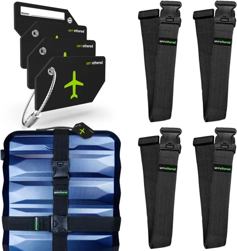 Untethered Juego de viaje definitivo 4 correas de equipaje premium y 4 etiquetas de silicona, asegura e identifica tus bolsas con facilidad (negro +