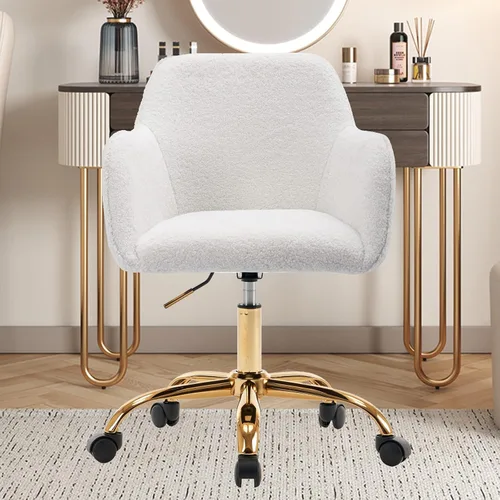 Miniatura 8 de Silla moderna de peluche para oficina en casa, bonita silla de escritorio tapizada con patas de metal dorado, silla giratoria ajustable con ruedas