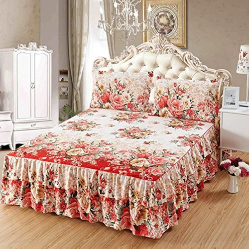 Juego de sábanas con volantes de 2 capas y colcha de microfibra peinada, con 2 fundas de almohada, tamaño Queen, beige