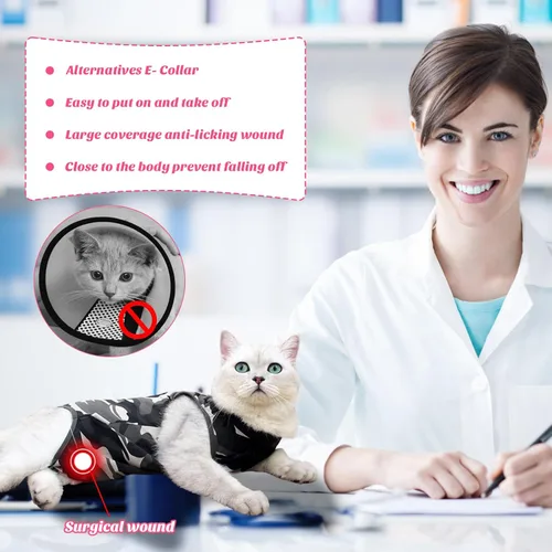 Miniatura 2 de Traje de recuperación para gatos para heridas abdominales o enfermedades de la piel, mono para gatitas después de la cirugía, collar isabelino