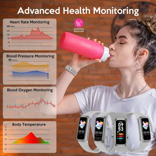 Miniatura 4 de Rastreador de actividad física para hombres y mujeres, reloj inteligente con presión arterial, frecuencia cardíaca, temperatura corporal y monitor