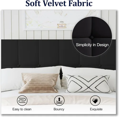 Miniatura 5 de Base de cama de plataforma de terciopelo de tamaño matrimonial con cabecera tapizada y soporte de listones resistentes, diseño con botones,